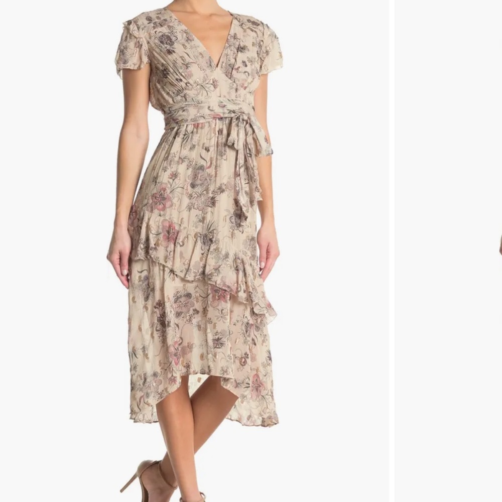 REISS AUDREY FLORAL METALLIC TIE WIAST RUFFLED SHORT SLEEVE MIDI DRESS SIZE 10